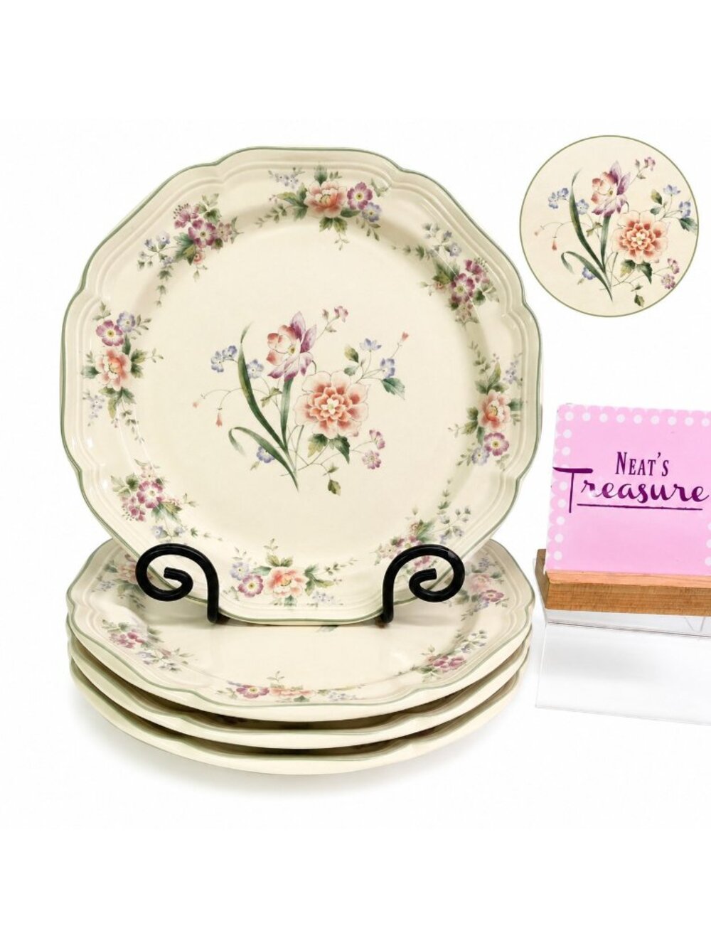 Mikasa PEONY BOUQUET Heritage Peach Blue Flower Oven Safe 11" Dinner Plate Set 4